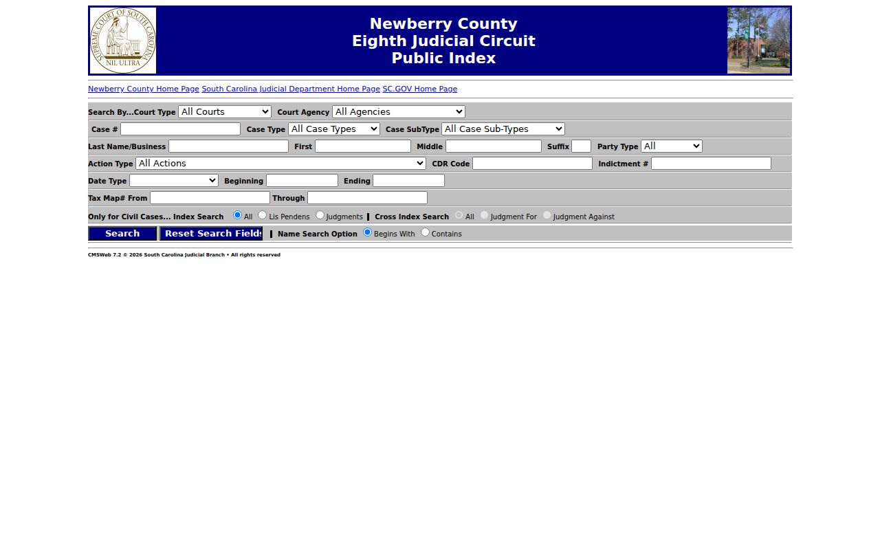 Newberry County warrant search: Public Index case-search interface