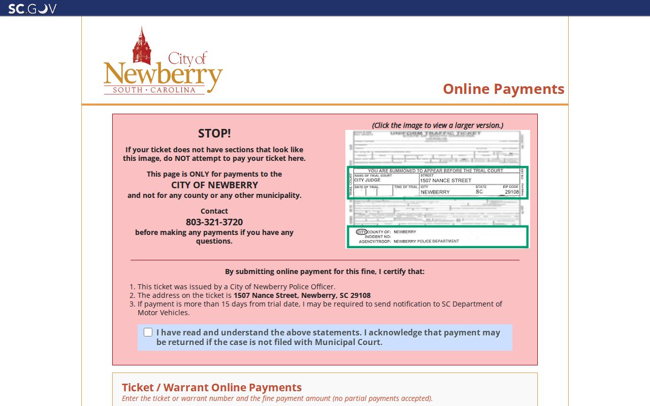 Newberry County city-court warrant information: Newberry ticket and warrant payment fields