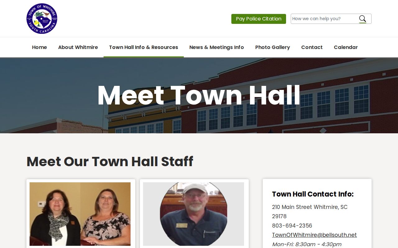 Whitmire warrant records: Town Hall contact and police citation link