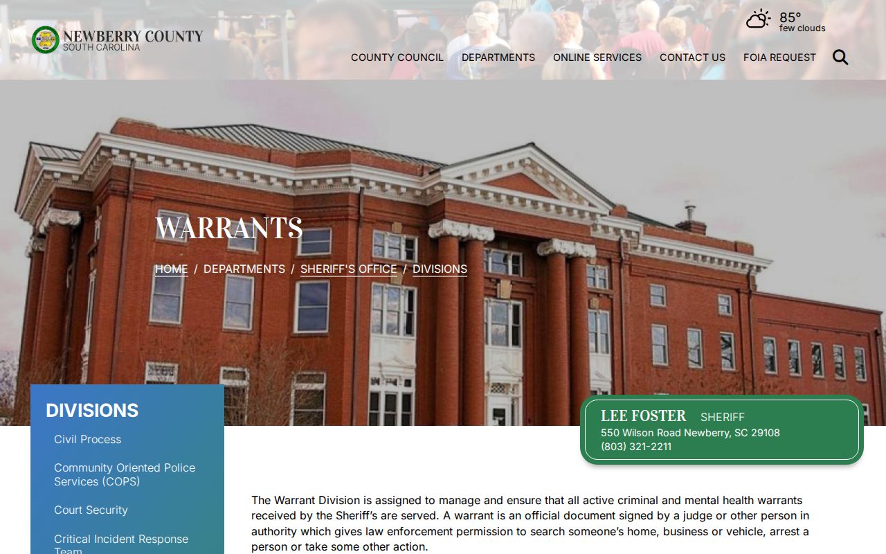 Newberry County warrant records: Sheriff's Warrant Division service information